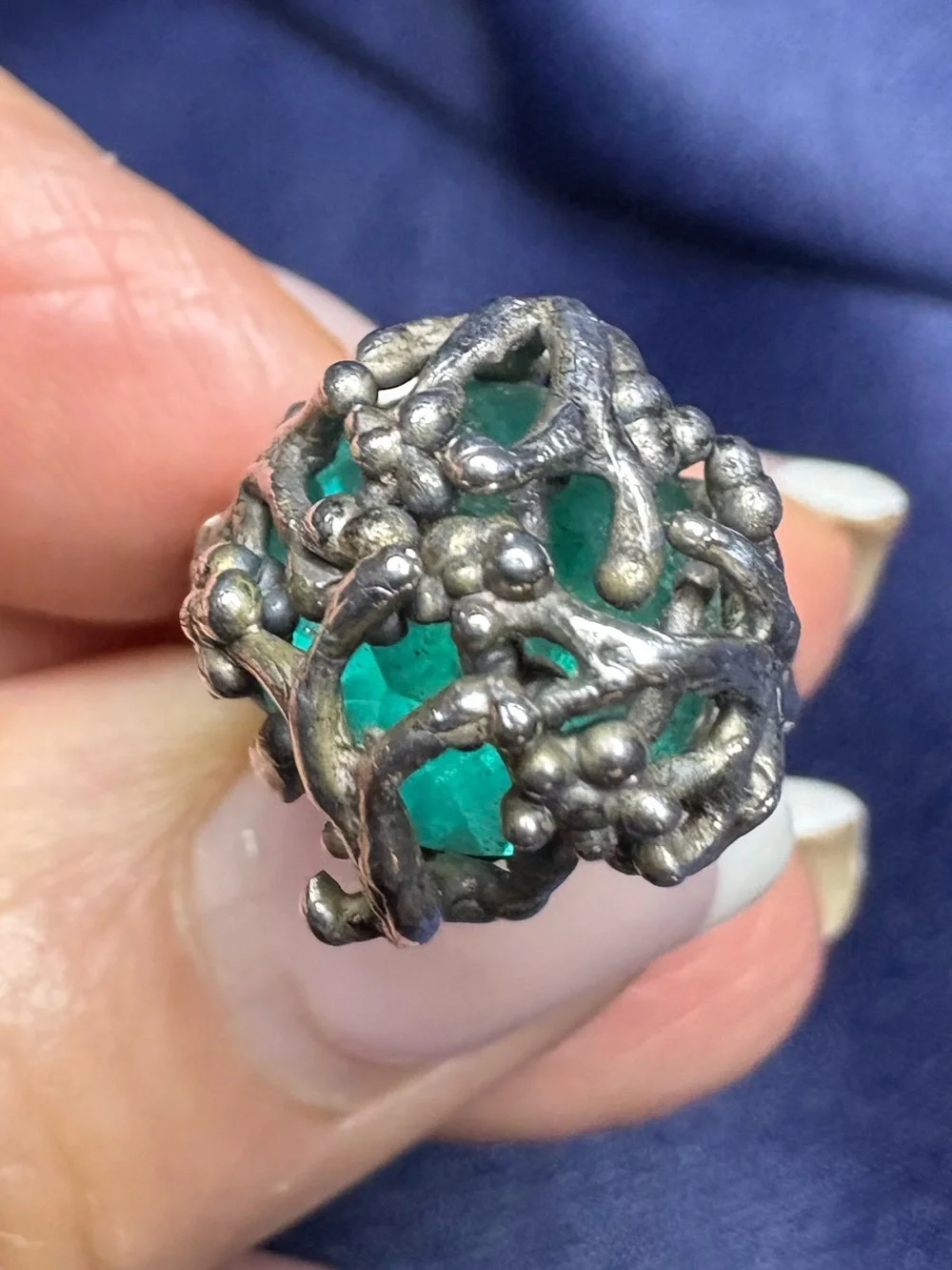 Ring Artisan Sterling Silver Cage Gorgeous Kashmir Emerald Gemstone